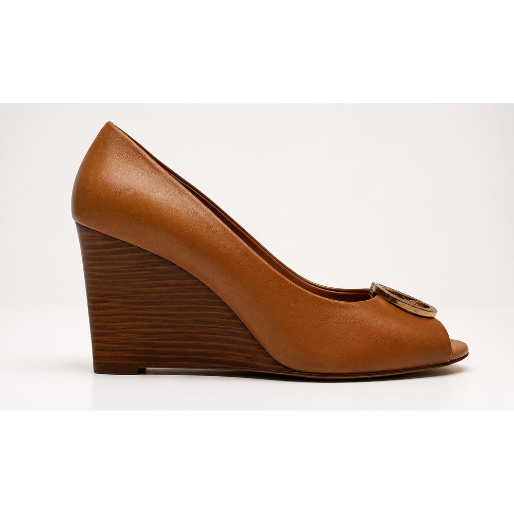 Tory Burch Wedge Heels‎ Women 8M Tan Good Leather Peep Toe Gold Logo 9438